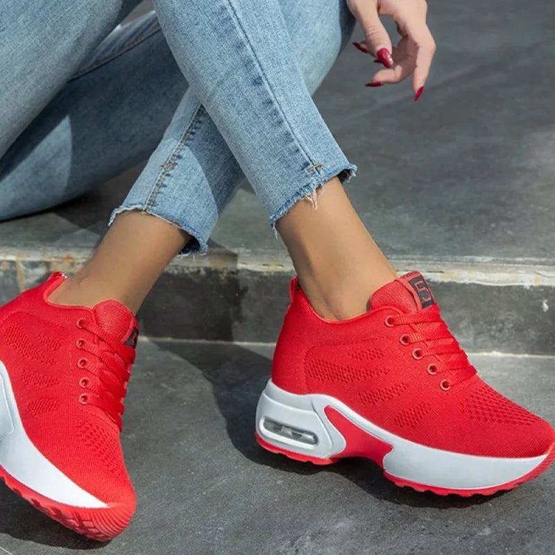 FOOTIQUE™ 2025 NEW Women Sport Shoes Air Cushion Sneakers Air Mesh Runing Training Red Shoes Non-Slip Lace Up Shoes