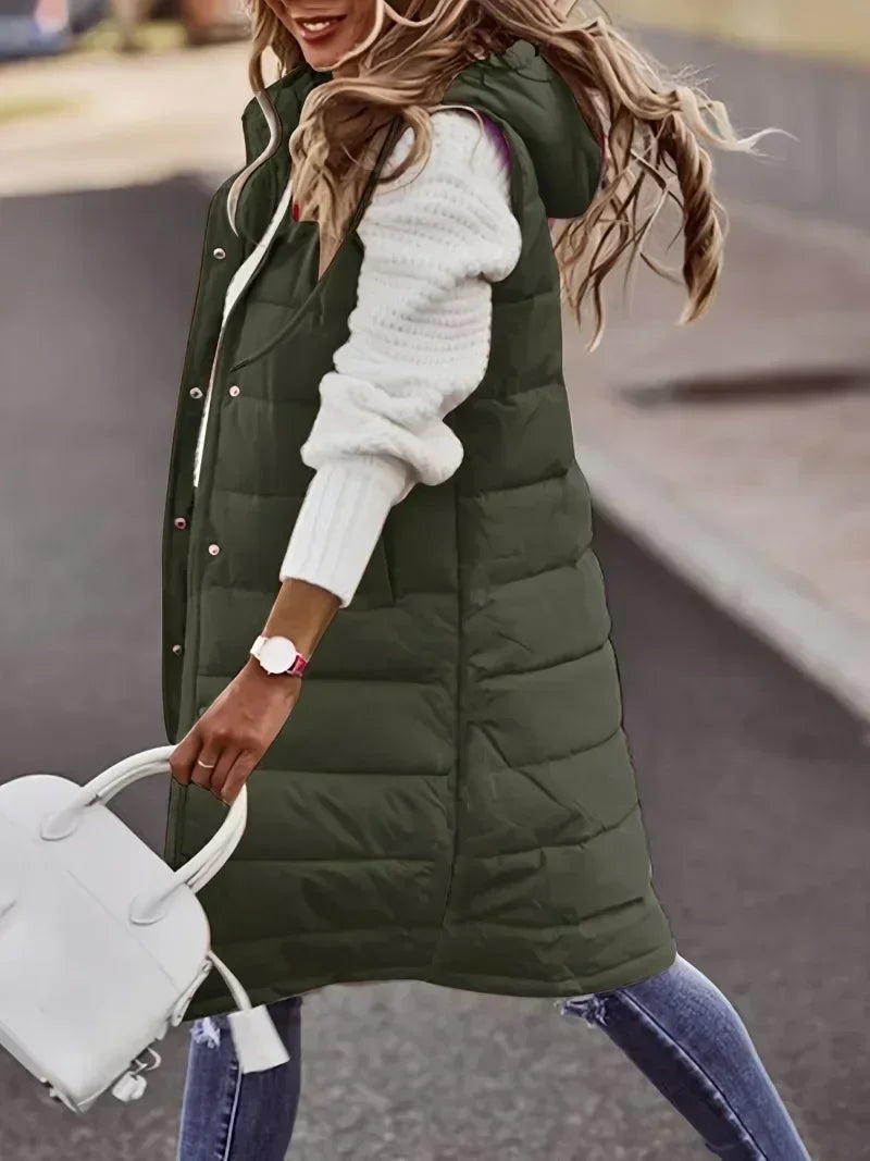 ELZO™ Chic Hooded Zipper Jacket Autumn Winter Women Long Oversize Waistcoat Sleeveless Fashion Warm Quilted Vest Down Coat