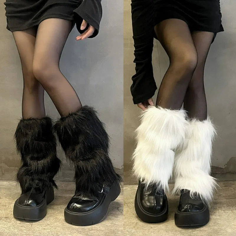 KAWAICORE™ | Lolita Plush Fur Leg Warmers – Japanese Y2K Style, White/Black Thickened Knee-Length Stockings & Boot Covers for Winter