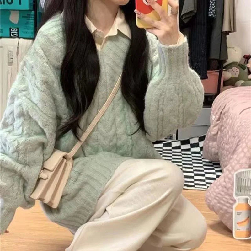 THE COZY COLLECTIVE™ |Adorable Autumn/Winter Sweater for Women, Oversized Knitted Pullovers Long Sleeve V Neck Knitwear