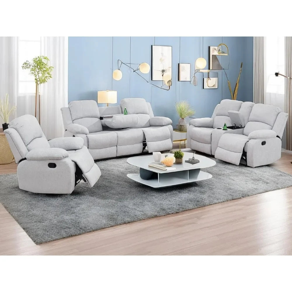 ROYAAL ™Living Room Sofa Set 3PCS Fabric Recliner Sofa Set Loveseat Couch Chair Set with Cup Holders Storage Console Living Room Furniture Sets