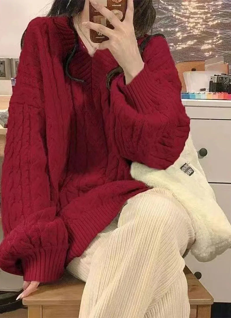 THE COZY COLLECTIVE™ |Adorable Autumn/Winter Sweater for Women, Oversized Knitted Pullovers Long Sleeve V Neck Knitwear