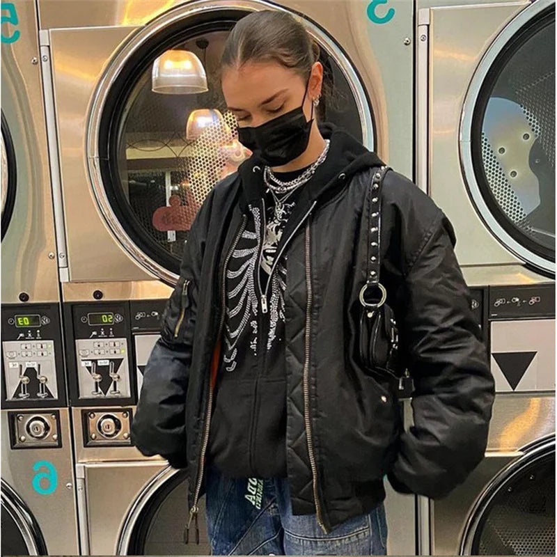 CHILL&THRILL™|Women Black Zip Up Oversized Sweatshirt, Streetwear Y2K Rhinestone Skeleton Hoodie