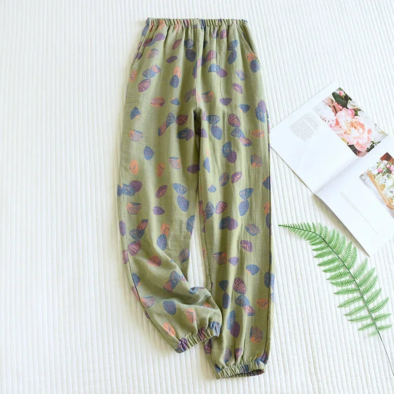 WOMAZE™ 2025 New Spring Summer Women's Pajamas 100% Cotton Crepe Pants Women's Comfortable Loose Large Leaf Home Pants Thin bottoms