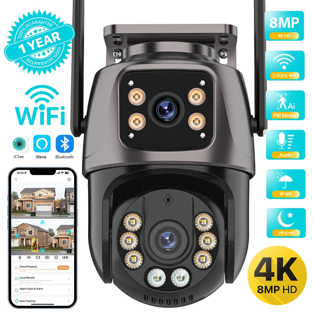 ZOONE™️Security Camera 4K 8MP HD Wifi PTZ Camera Outdoor 4MP Dual Lens Dual Screen AI Auto Tracking IP Camera CCTV Audio Video Surveillance P2P iCSee