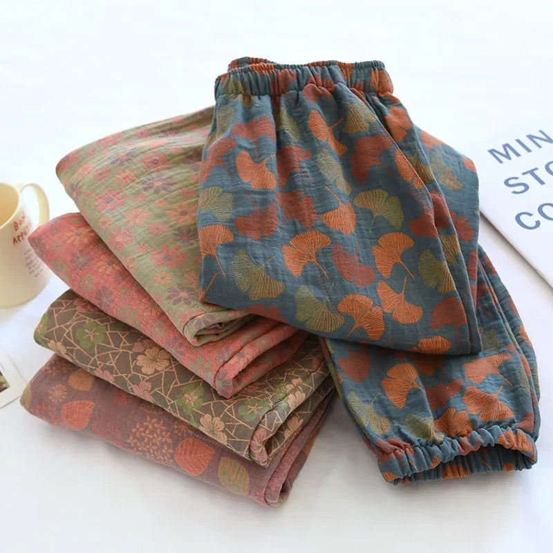 WOMAZE™ 2025 New Spring Summer Women's Pajamas 100% Cotton Crepe Pants Women's Comfortable Loose Large Leaf Home Pants Thin bottoms