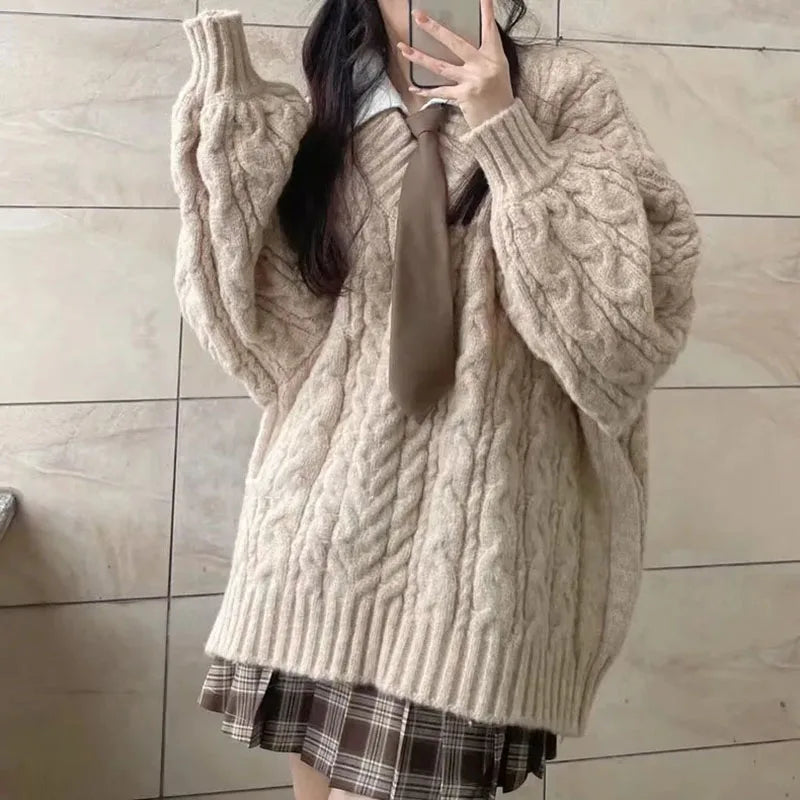 THE COZY COLLECTIVE™ |Adorable Autumn/Winter Sweater for Women, Oversized Knitted Pullovers Long Sleeve V Neck Knitwear