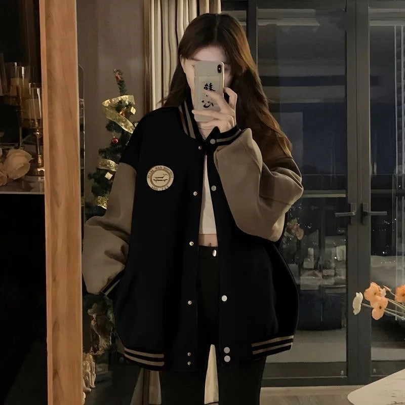 LAZYCHIC™ Retro Plush Baseball Jacket for Women Autumn/Winter Thickened Loose Fit Casual Outerwear