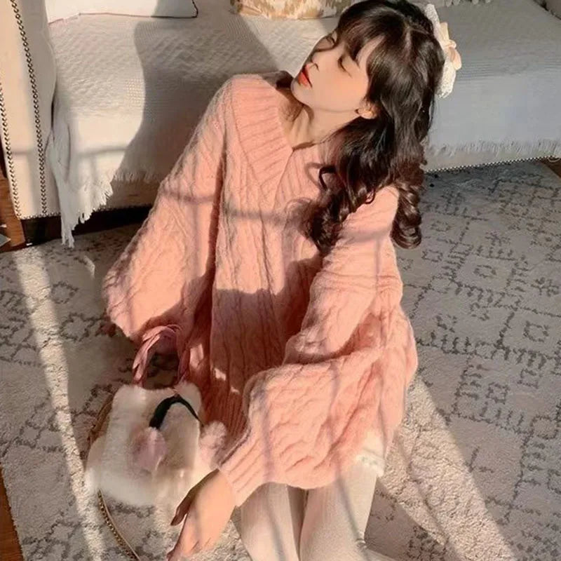 THE COZY COLLECTIVE™ |Adorable Autumn/Winter Sweater for Women, Oversized Knitted Pullovers Long Sleeve V Neck Knitwear