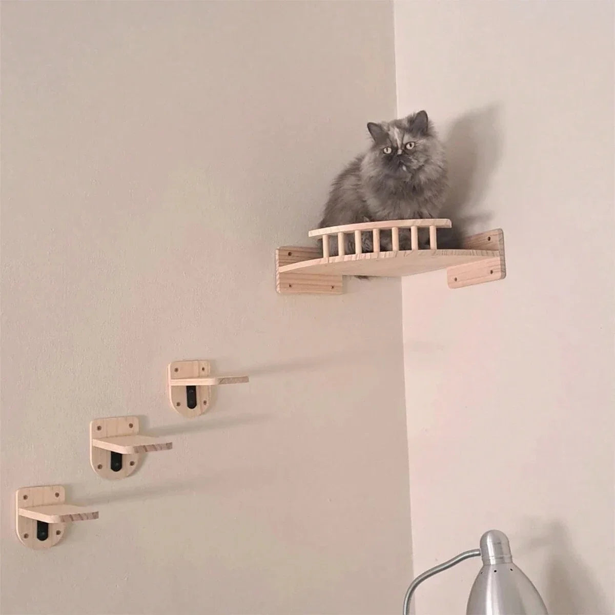 EVEREST™ CAT WALL SHELVES 3/4Pcs Corner Hammock with Steps Set Wall Mounted Cat Tree Climbing Shelf for Indoor Cats Wooden Hanging Sleeping Bed Furniture
