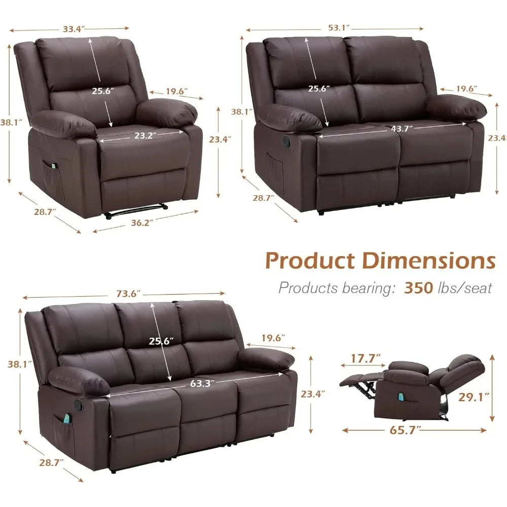 COMFYCOVE™ 3 Pieces Recliner Sofa Set, Overstuffed Recliner Sofa with Massage AND Heat Function, Modern Manual Control Faux Leather Couch Set