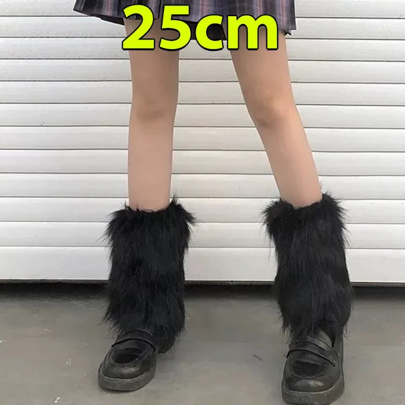 KAWAICORE™ | Lolita Plush Fur Leg Warmers – Japanese Y2K Style, White/Black Thickened Knee-Length Stockings & Boot Covers for Winter