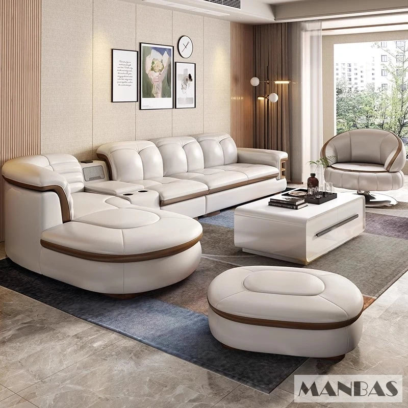 EXTRALUX ™Luxury L-Shaped Genuine Leather Sectional Sofa Sets with USB, Bluetooth Speaker - MINGDIBAO Living Room Italian Leather Couches