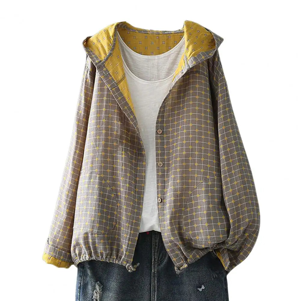 VESPA™ NEW Women Spring Autumn Coat Hooded Drawstring Hem Long Sleeve Printing Loose Zipper Closure Jacket with Pockets Daily Wear,