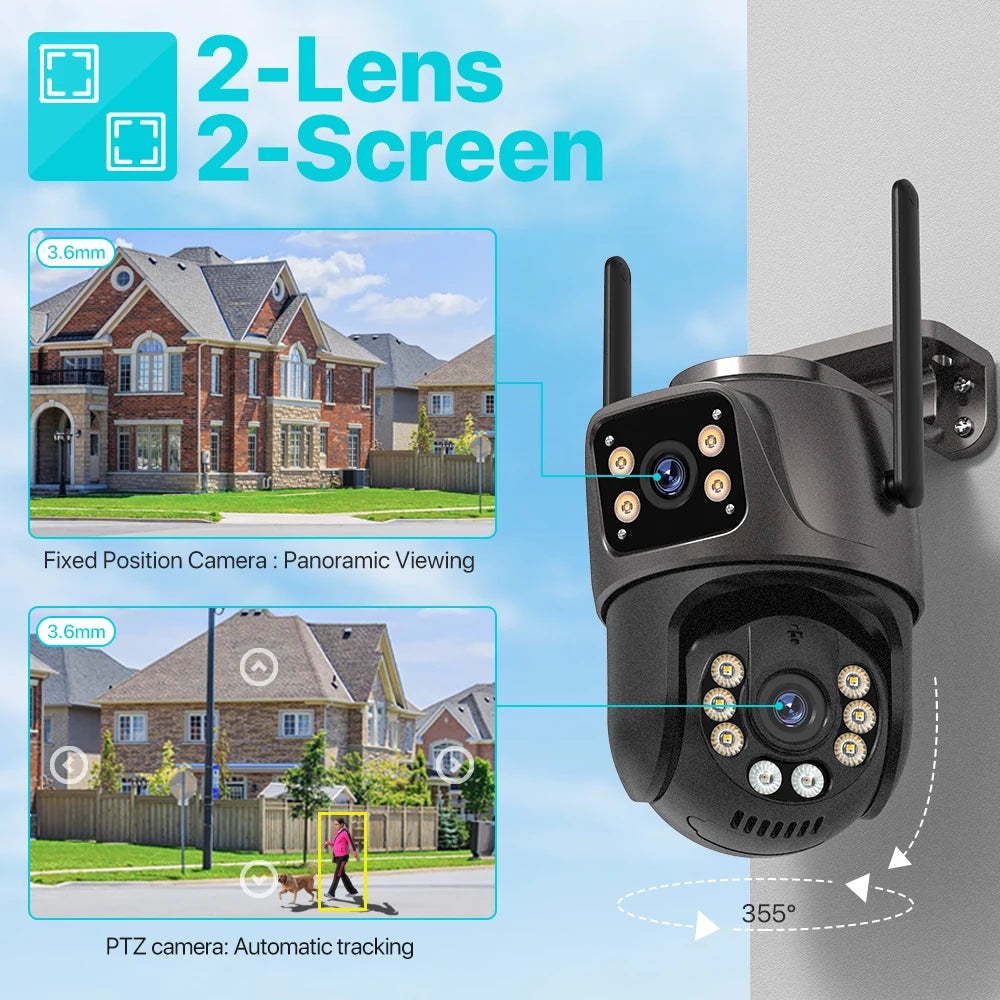 ZOONE™️Security Camera 4K 8MP HD Wifi PTZ Camera Outdoor 4MP Dual Lens Dual Screen AI Auto Tracking IP Camera CCTV Audio Video Surveillance P2P iCSee