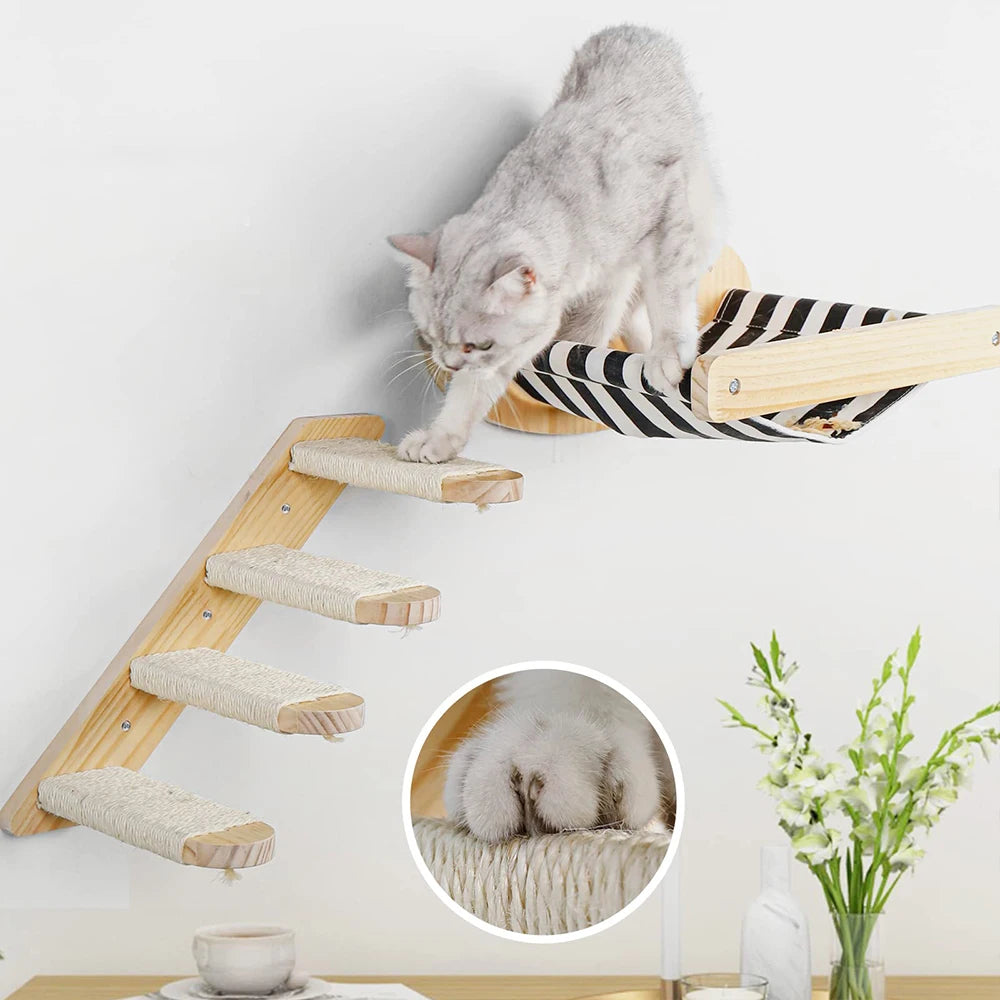 NEW EVEREST™3Pcs Cat Hammock with Four Step Sisal Stairways or Scratching Posts Set Wall Mounted Wooden Cats Furniture Climbing Shelf Perch