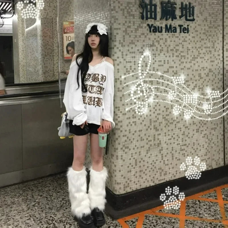 KAWAICORE™ | Lolita Plush Fur Leg Warmers – Japanese Y2K Style, White/Black Thickened Knee-Length Stockings & Boot Covers for Winter