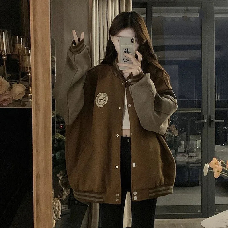 LAZYCHIC™ Retro Plush Baseball Jacket for Women Autumn/Winter Thickened Loose Fit Casual Outerwear
