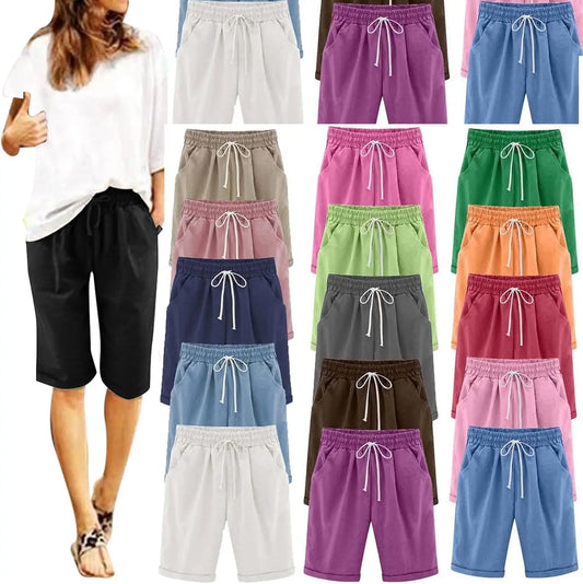SASS™️Bermuda Shorts for Women Knee Length Plus Size Cotton Linen Casual Shorts Drawstring High Waist Shorts with Pockets Yoga mat