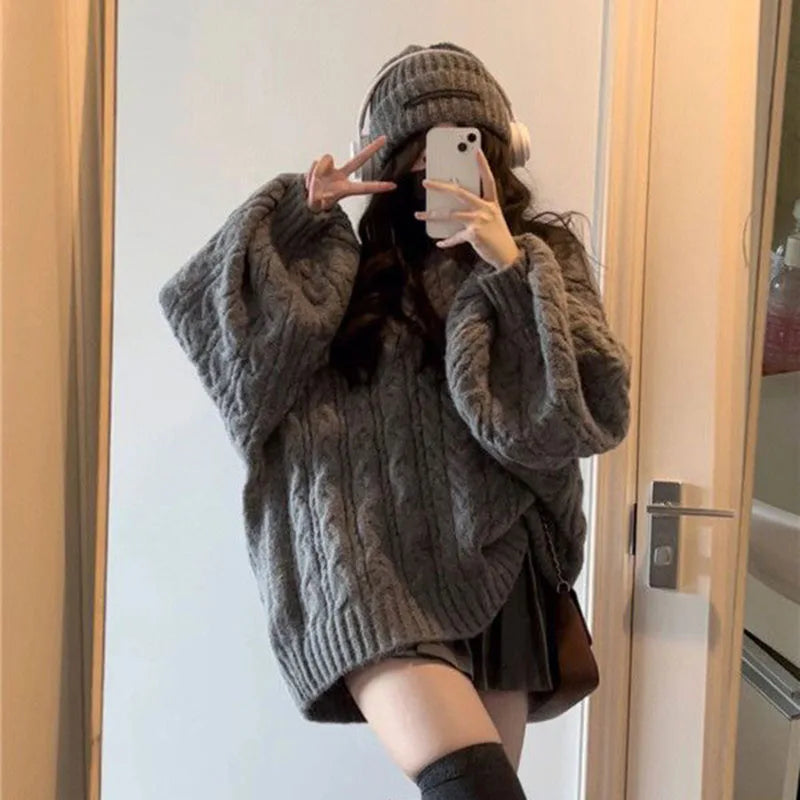 THE COZY COLLECTIVE™ |Adorable Autumn/Winter Sweater for Women, Oversized Knitted Pullovers Long Sleeve V Neck Knitwear