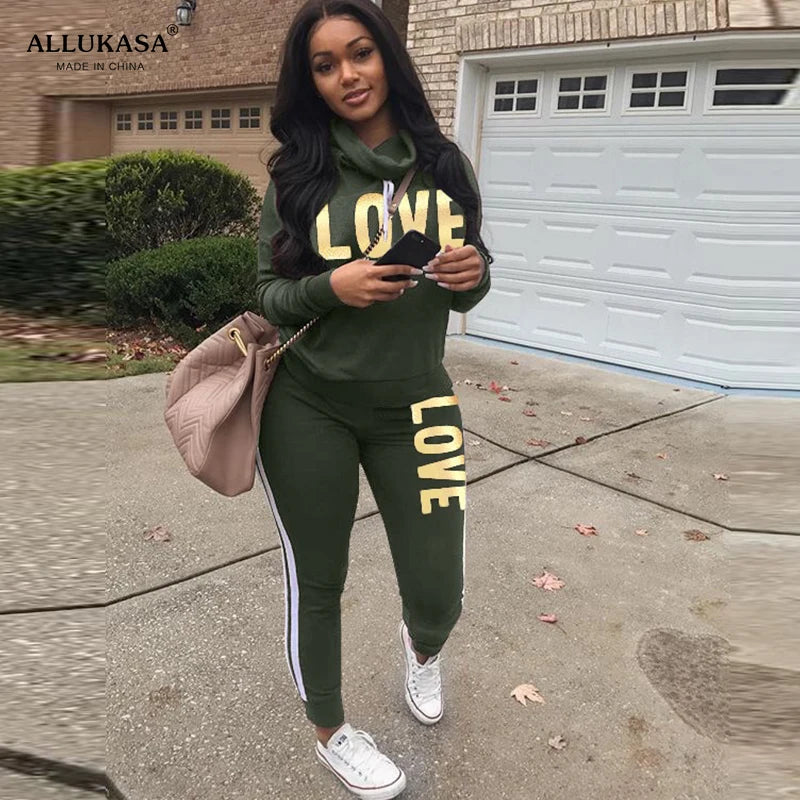 Let's Get DRESSED2 Piece Set Women Outfit LOVE Letter Print High Neck Hoodies Sweatshirt Pants Tracksuit 2022 Plus Size Streetwear Casual Suit