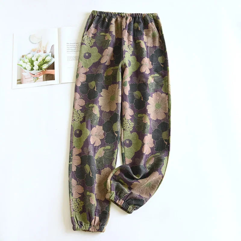 WOMAZE™ 2025 New Spring Summer Women's Pajamas 100% Cotton Crepe Pants Women's Comfortable Loose Large Leaf Home Pants Thin bottoms