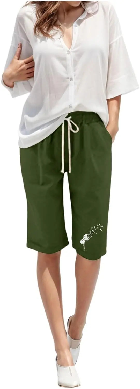 SASS™️Bermuda Shorts for Women Knee Length Plus Size Cotton Linen Casual Shorts Drawstring High Waist Shorts with Pockets Yoga mat