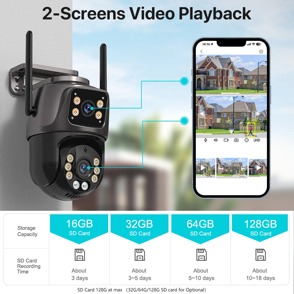 ZOONE™️Security Camera 4K 8MP HD Wifi PTZ Camera Outdoor 4MP Dual Lens Dual Screen AI Auto Tracking IP Camera CCTV Audio Video Surveillance P2P iCSee