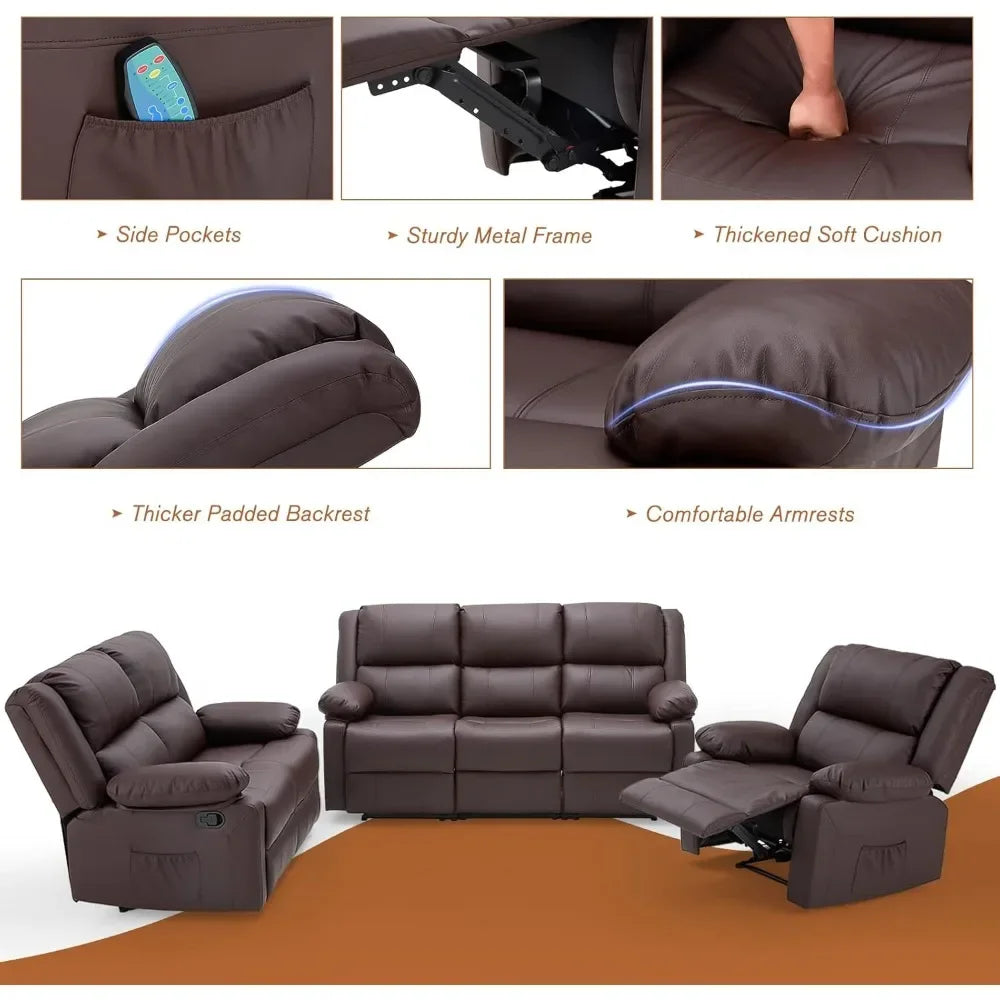 COMFYCOVE™ 3 Pieces Recliner Sofa Set, Overstuffed Recliner Sofa with Massage AND Heat Function, Modern Manual Control Faux Leather Couch Set