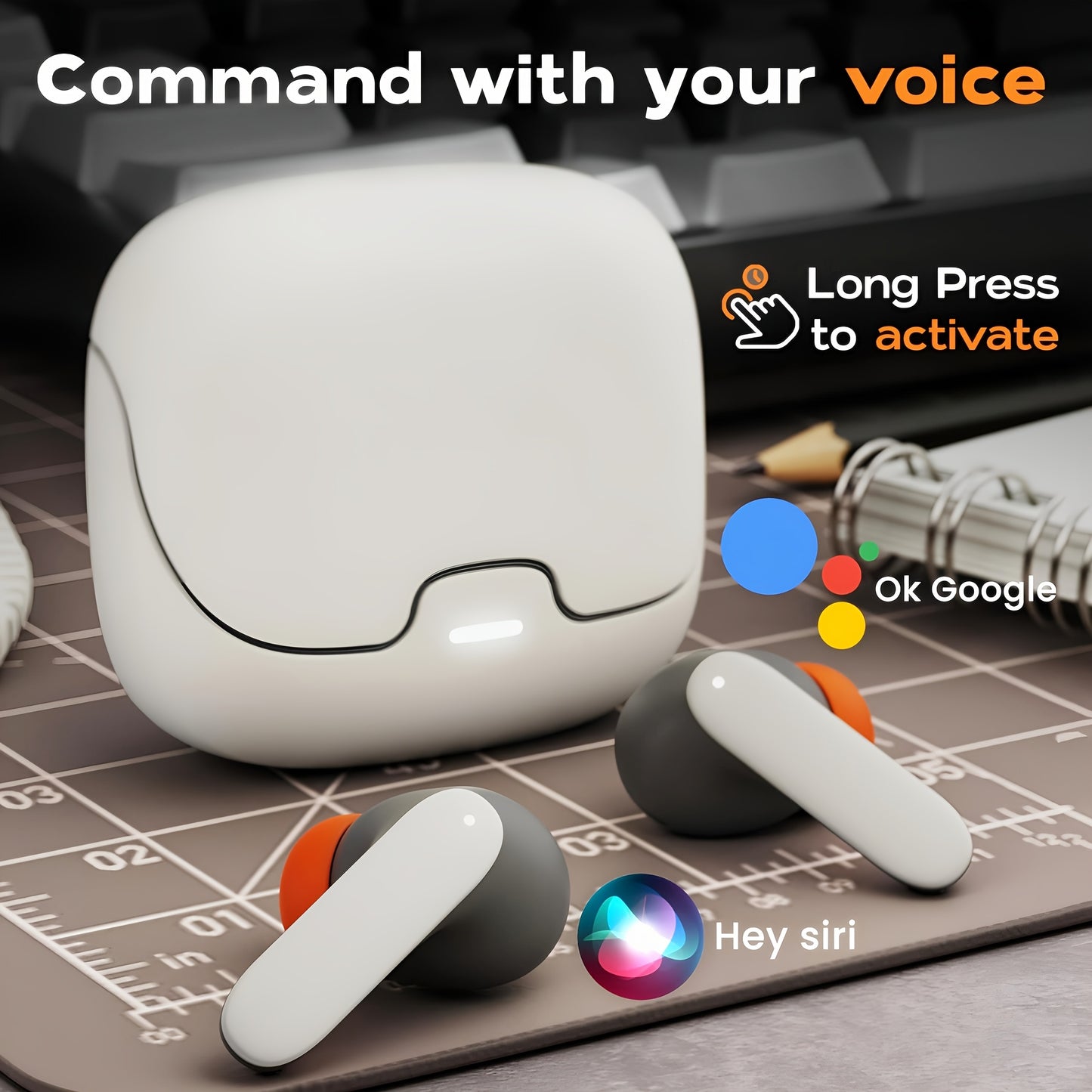 BOOM BOX™️AI Translation Smart Earbuds with 140+ Language Support, ENC Noise-Canceling, Wireless TWS Headphones, Long Battery Life, Music & Call Playback - Black & Orange, Type-C Charging Case Included