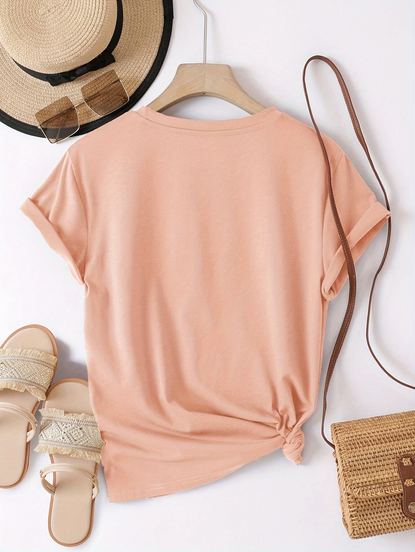 JUSTA™️Women's shorts sleeve Summer Essential 100% Polyester Short Sleeve T-Shirt - Classic Black Crew Neck for Women, Knot Detail, Machine Washable & Dry Cleanable