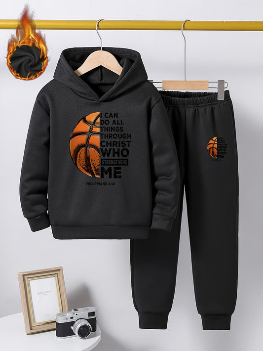 Boys™' Trendy Basketball & Letter Print Fleece-Lined Hoodie and Joggers Set - Warm, Thick Casual Sportswear for Fall/Winter, Red, Polyester, Perfect for Outdoor