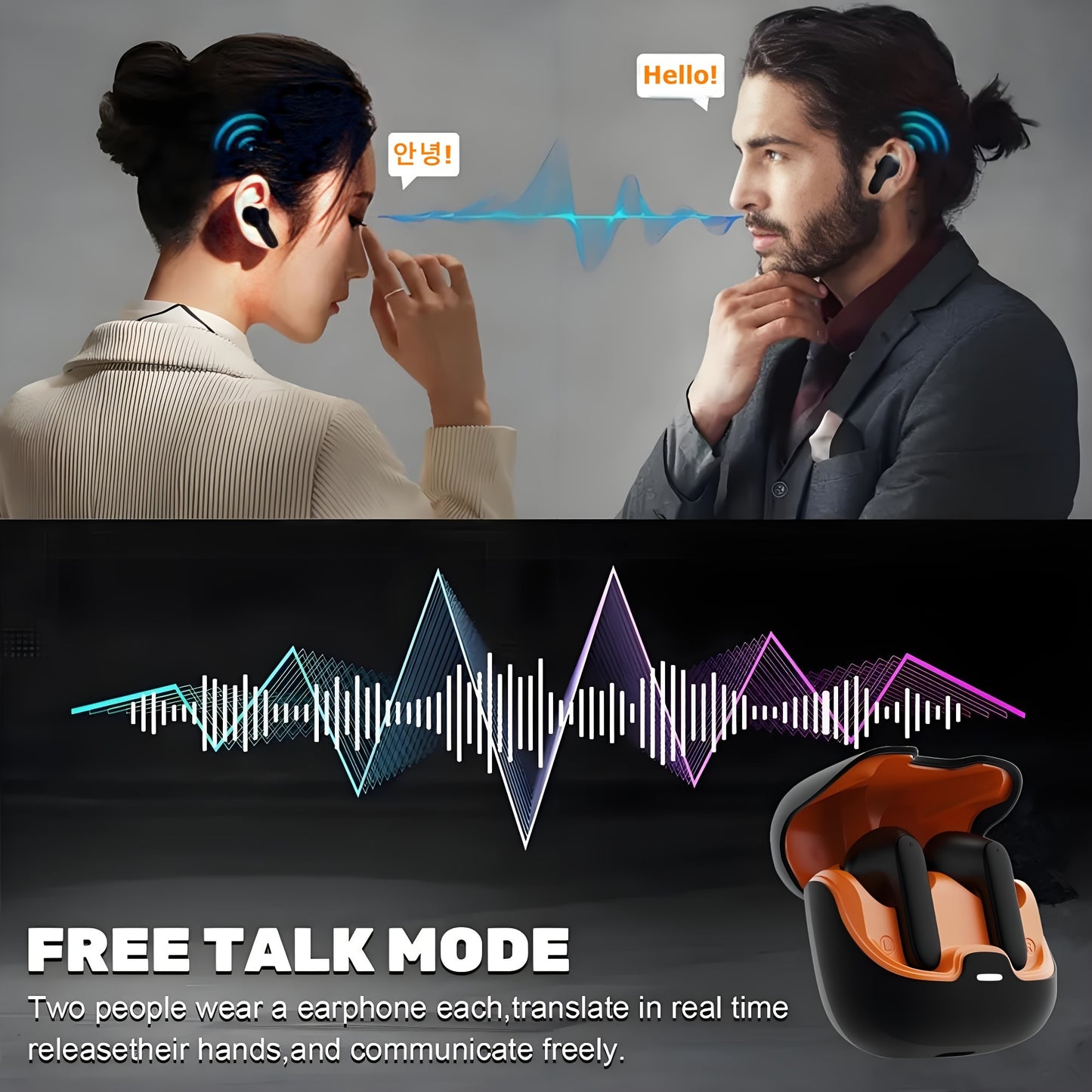 BOOM BOX™️AI Translation Smart Earbuds with 140+ Language Support, ENC Noise-Canceling, Wireless TWS Headphones, Long Battery Life, Music & Call Playback - Black & Orange, Type-C Charging Case Included