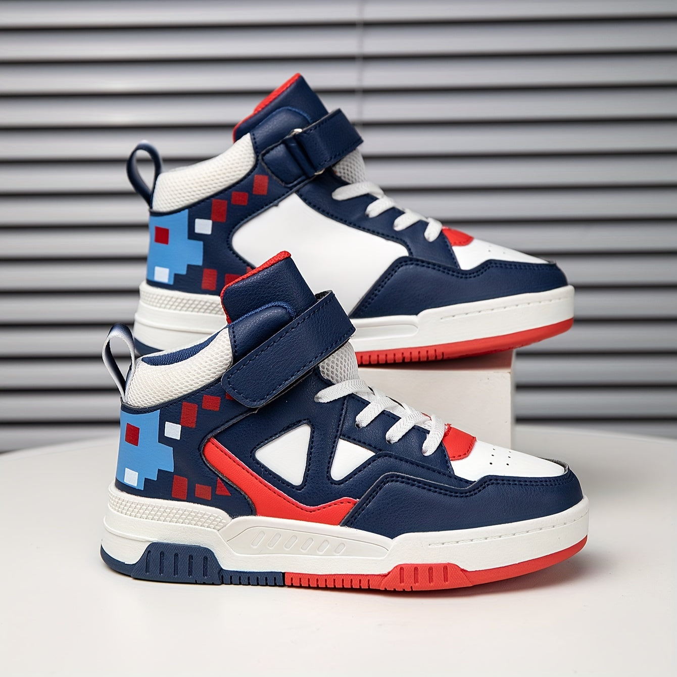 Youngsters' ™️High-Top Sneakers - Breathable, Comfortable Casual Running Shoes with Easy Slip-On Hook-and-loop Fastener Closure for Boys & Girls - Fashionable Geometric Print, All-Season Wear