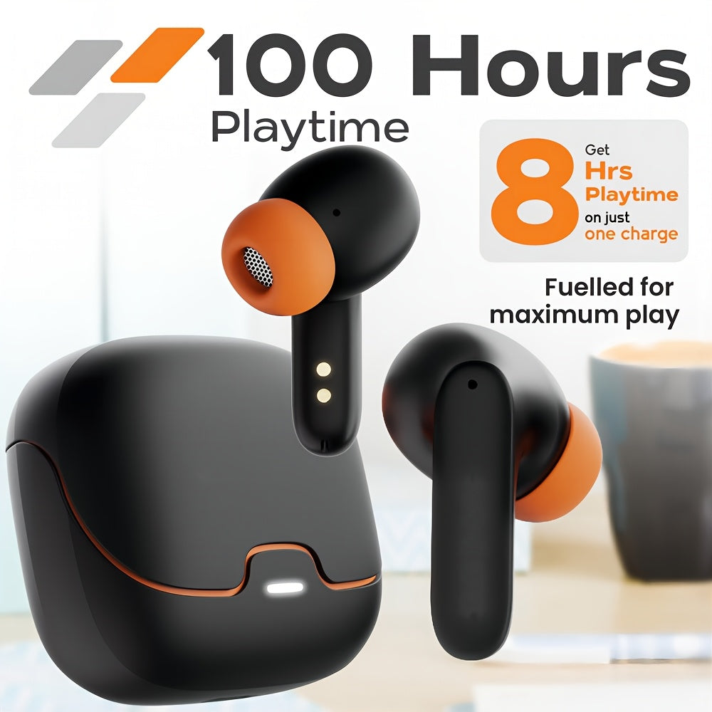 BOOM BOX™️AI Translation Smart Earbuds with 140+ Language Support, ENC Noise-Canceling, Wireless TWS Headphones, Long Battery Life, Music & Call Playback - Black & Orange, Type-C Charging Case Included