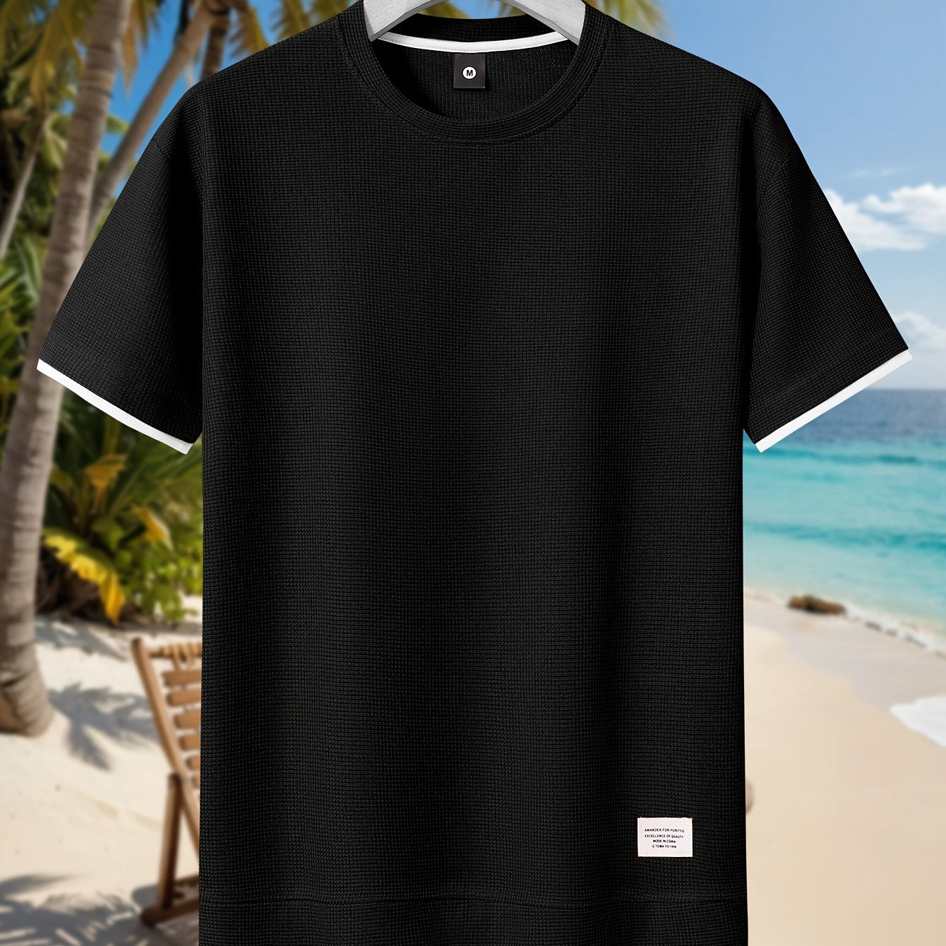 HOTOFF™️Men's Summer Casual Waffle Knit T-Shirt, 100% Polyester Crew Neck Short Sleeve Tee, Geometric Pattern, Slight Stretch, Loose Fit, 180g/m² -