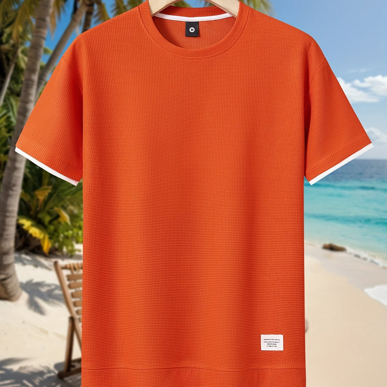 HOTOFF™️Men's Summer Casual Waffle Knit T-Shirt, 100% Polyester Crew Neck Short Sleeve Tee, Geometric Pattern, Slight Stretch, Loose Fit, 180g/m² -