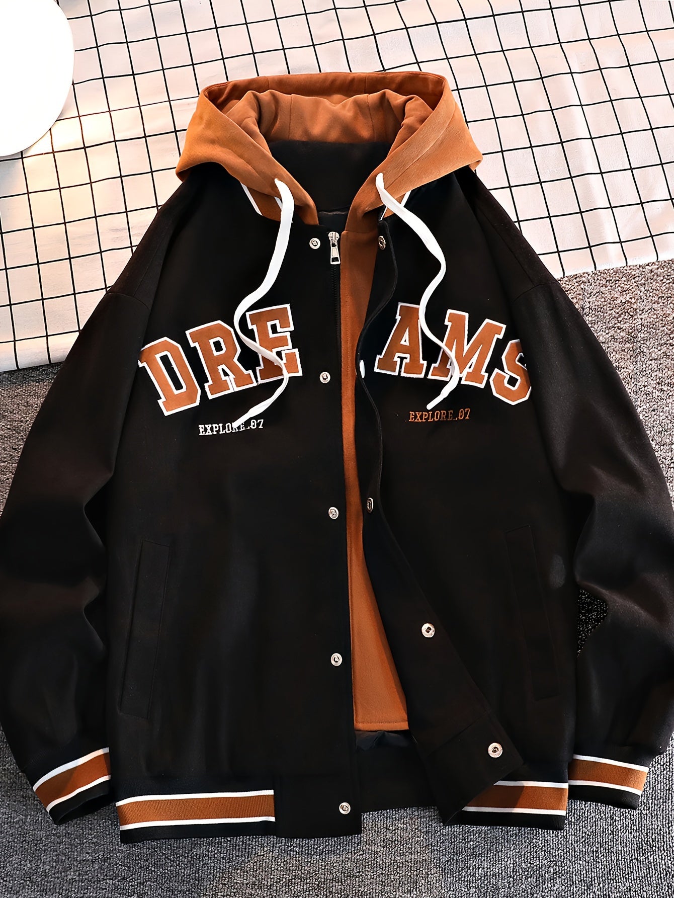 JUST JACKET™ Men's Casual Letter Print Hooded Varsity Jacket, Chic Vintage Style Thin Bomber Jacket for Spring Fall