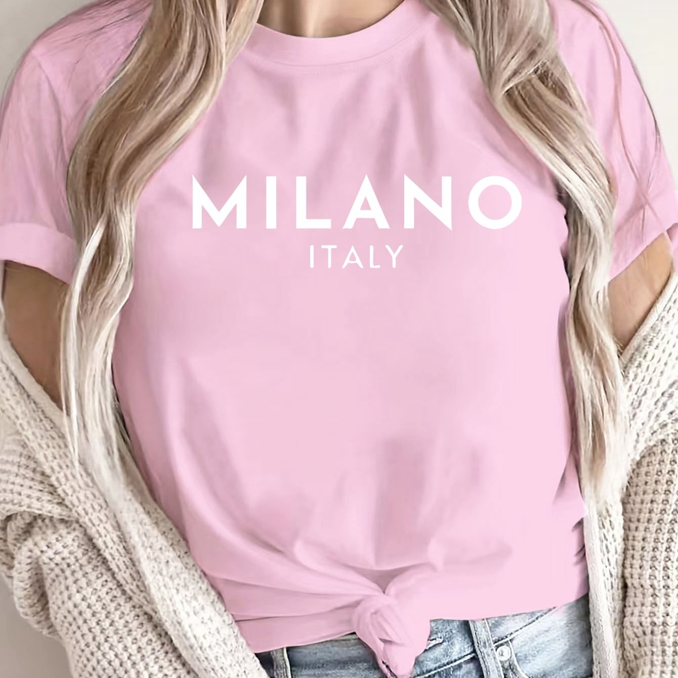 MILANO ™️ Women's Casual Polyester T-Shirt with "Milano Italy" Letter Print, Short Sleeve Crew Neck Top, All-Season Knit Fabric Tee, Regular Length - 180gsm