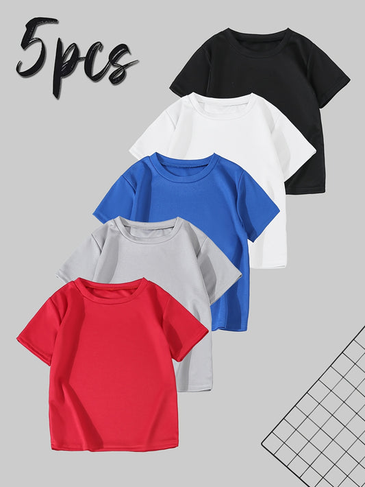 t shirts 5pcs Boys' Athletic Solid Color Moisture-Wicking Short Sleeves - Cool, Lightweight & Comfortable for Summer Outdoor Activities,