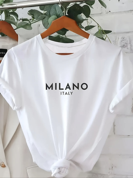 MILANO™️ Letter Print Crew Neck T-Shirt, Casual Short Sleeve T-Shirt For Spring & Summer, Women's Clothing