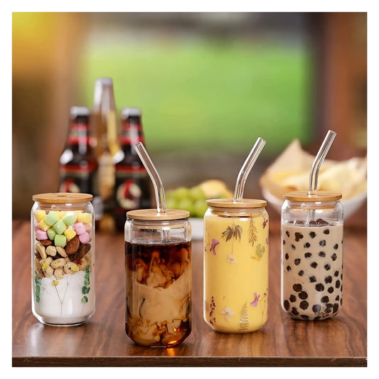 Drinking Glasses With Bamboo Lids And Glass Straw, Can Shaped Glass Cups Beer, Ice Coffee Glasses Cute Tumbler Cup Great For Soda Boba Tea Cocktail