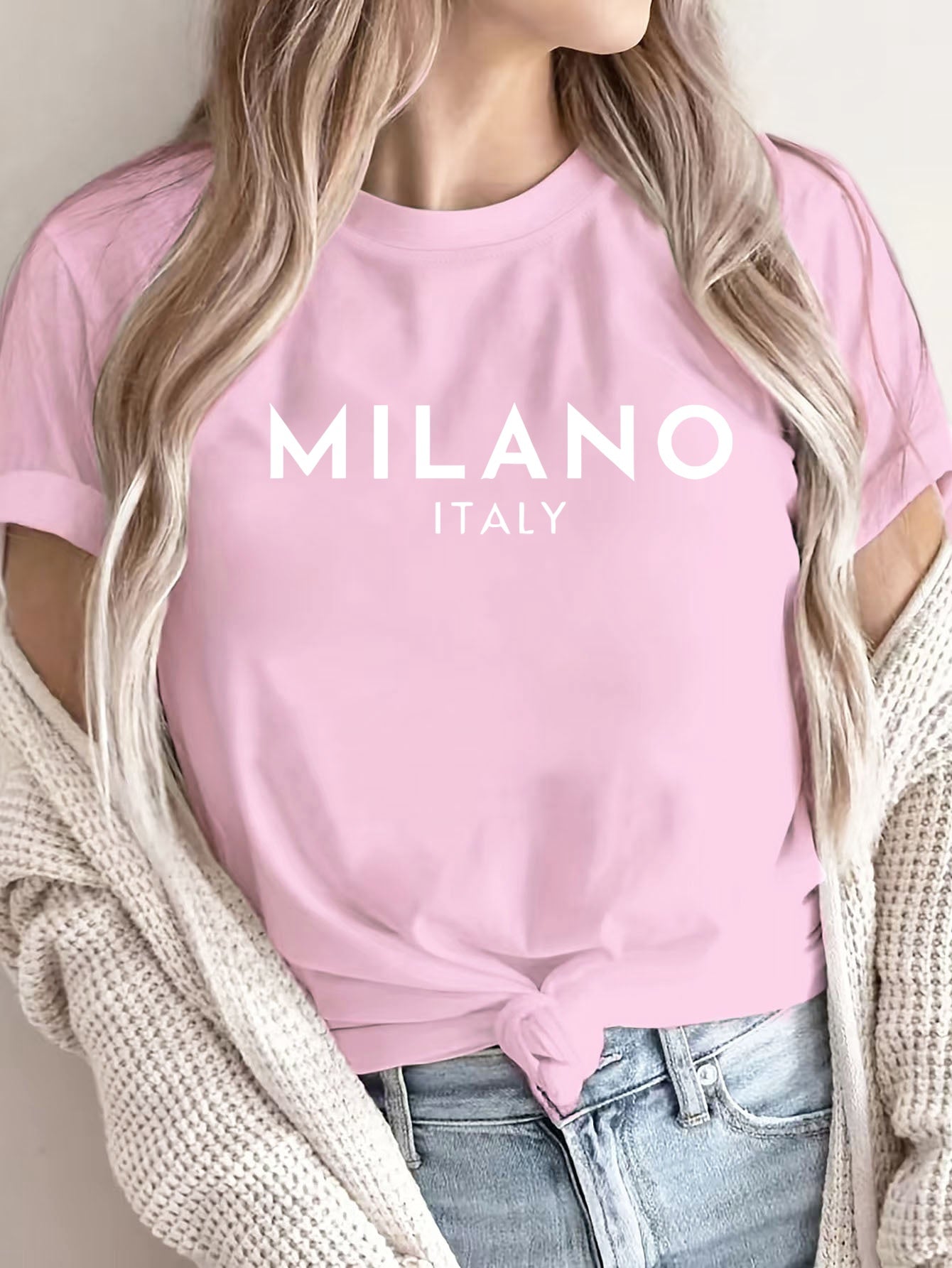 MILANO ™️ Women's Casual Polyester T-Shirt with "Milano Italy" Letter Print, Short Sleeve Crew Neck Top, All-Season Knit Fabric Tee, Regular Length - 180gsm