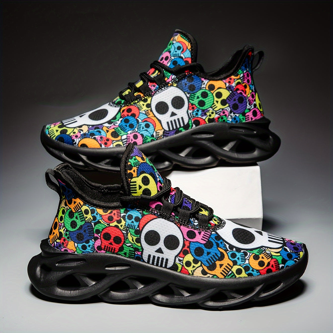 Men's Fashion Sports Sneakers with Cartoon Skull Print - Breathable FabriC