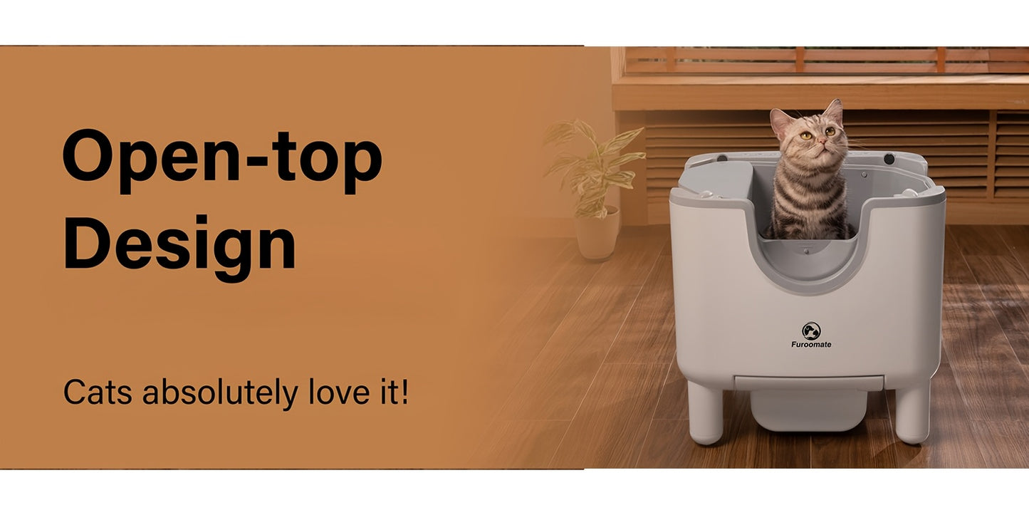FUROOMATE™️ Open-Top Self-Cleaning Cat Litter Box, Automatic Design with Built-in Scale, Easy Maintenance & Odor Control, Indoor Use, Supports Up to 180 lbs, White, Automatic Cat Litter Box