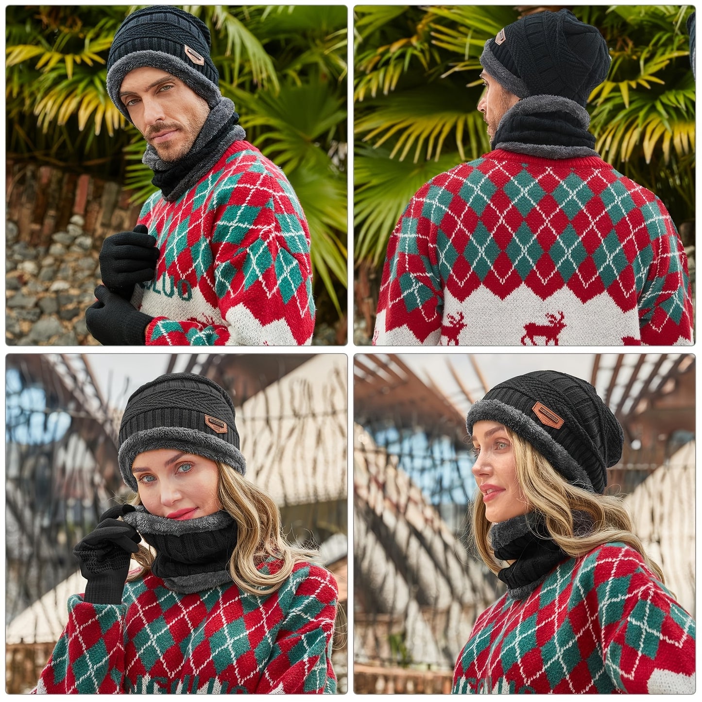 INTERWARM™ 3pcs Men /women Winter Essentials Set: Hat Scarf Gloves Slouchy Beanie Snow Knit Skull Cap Tuch Screen