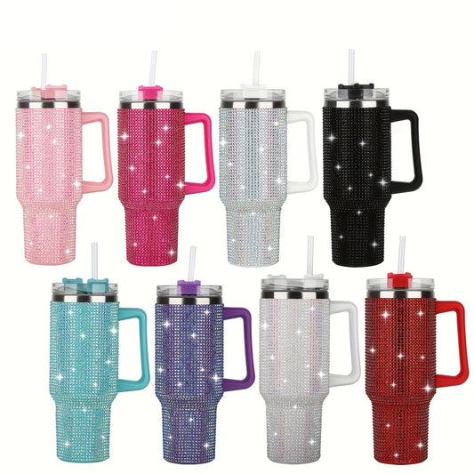AQUANA™ 40 OZ TUBLER WHITE HANDLE STUDDED, TUMBLER WHITE LID AND STRAW INSULATED STAINLESS STEEL DOUBLE WALL WATER CUP, TRAVEL MUG