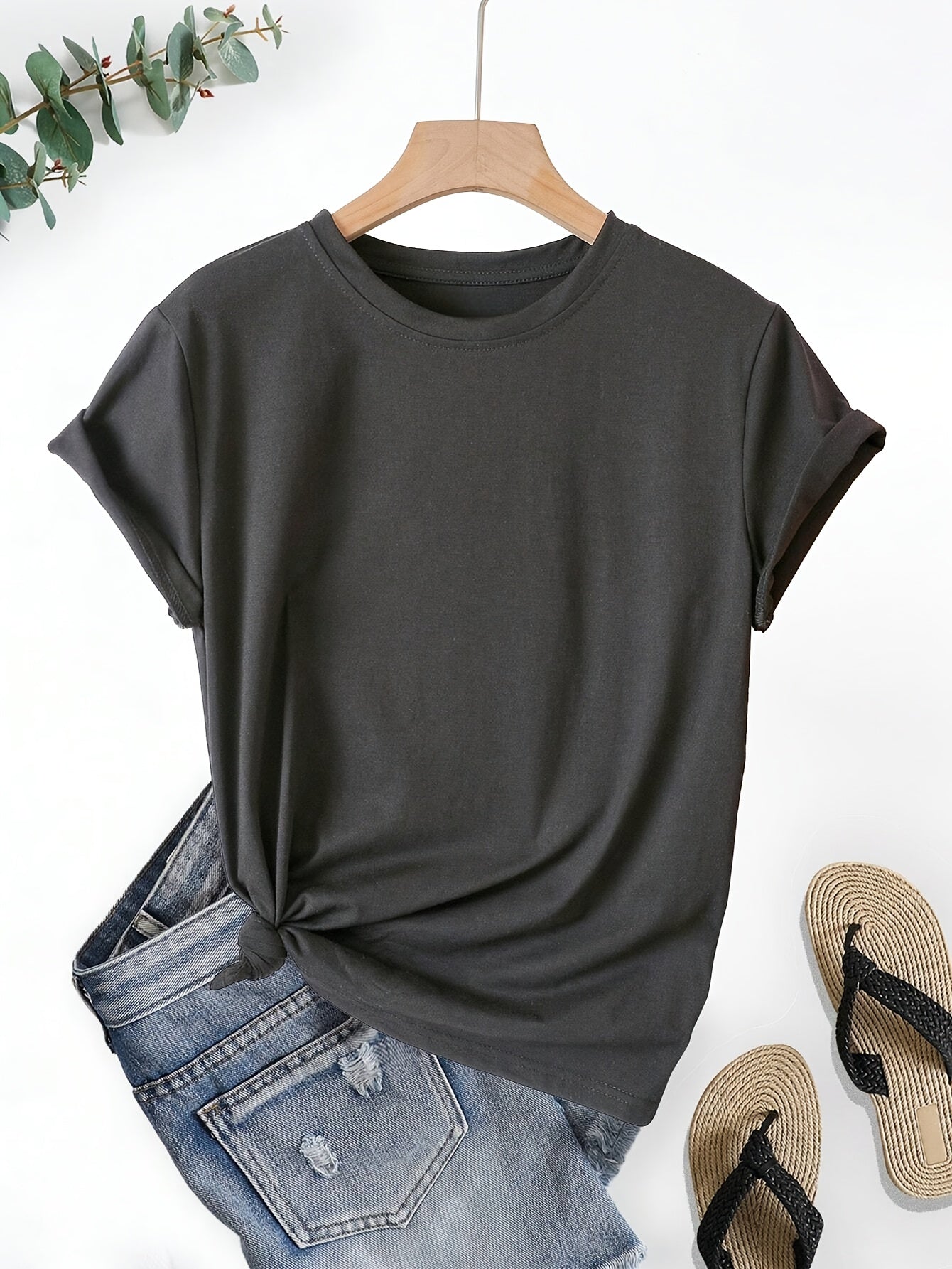 JUSTA™️Women's shorts sleeve Summer Essential 100% Polyester Short Sleeve T-Shirt - Classic Black Crew Neck for Women, Knot Detail, Machine Washable & Dry Cleanable