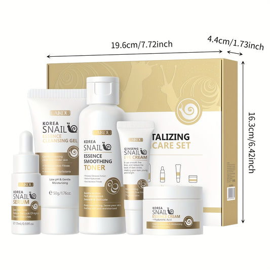 KOREAN™ skincare LAIKOU Snail Mucin 5-Step Skincare Set - Hypoallergenic Revitalizing Kit, Unisex, for All Skin Types, Includes Cleansing Gel
