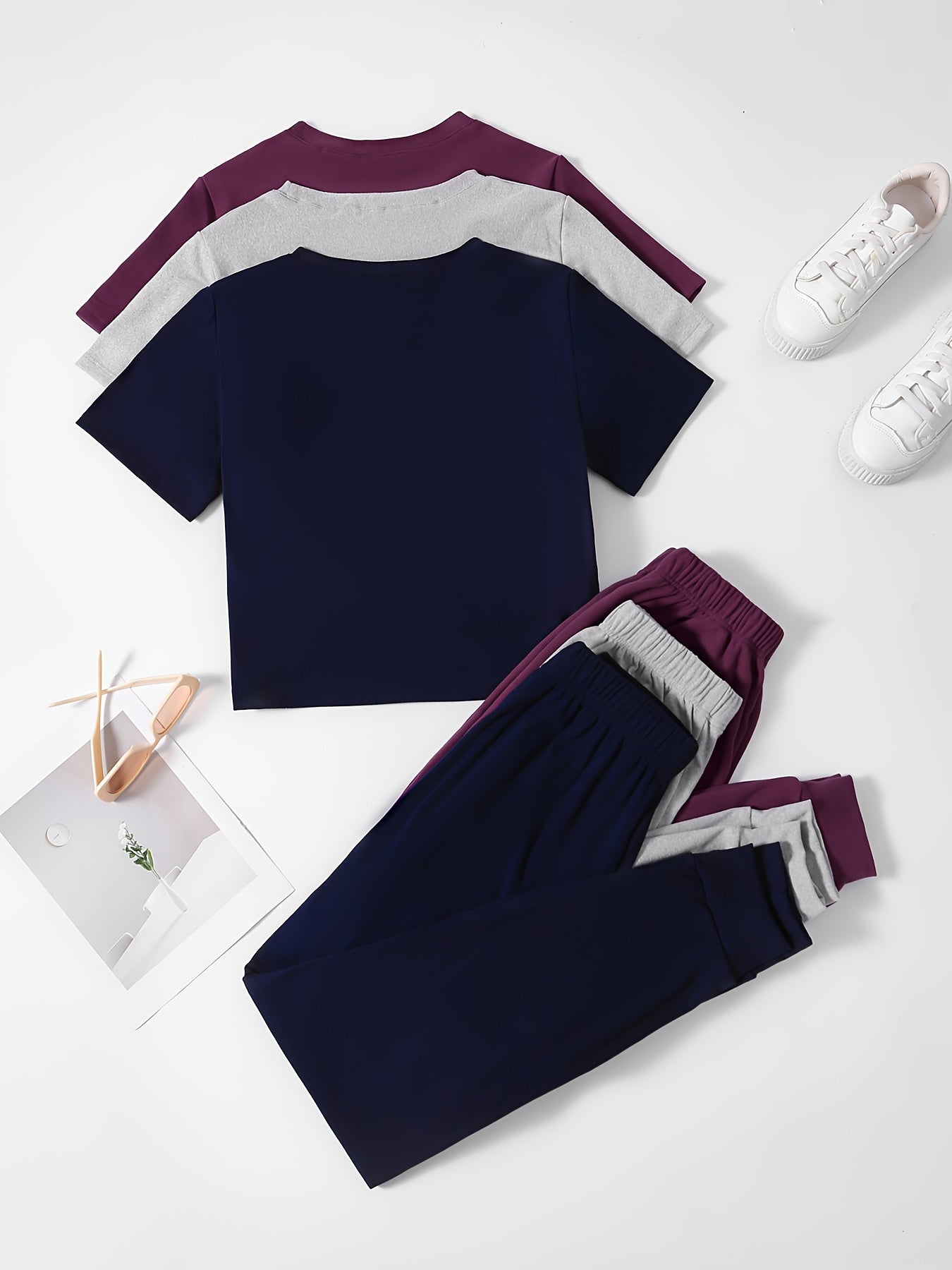 WEAR ™ 3 Sets Women's Solid Color Lounge Set, Comfortable Tee & Tie Front Pants, Relaxed Fit Casual Wear, Multiple Colors Available